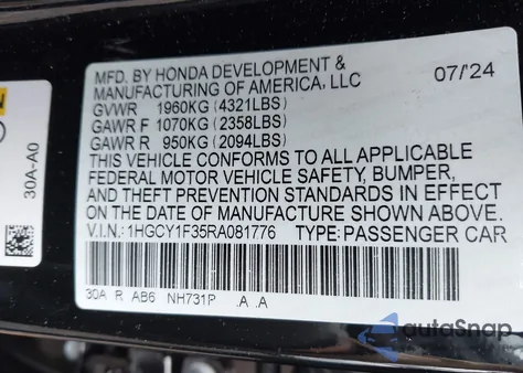 2024 Honda Accord Ex from USA, damaged, VIN 1HGCY1F35RA081776